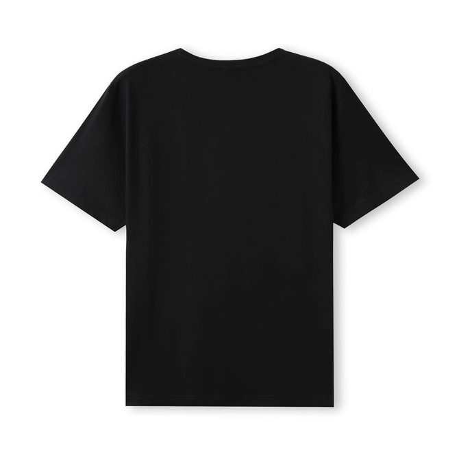 A black organic cotton T-shirt featuring a simple design and no visible branding, shown from the back.