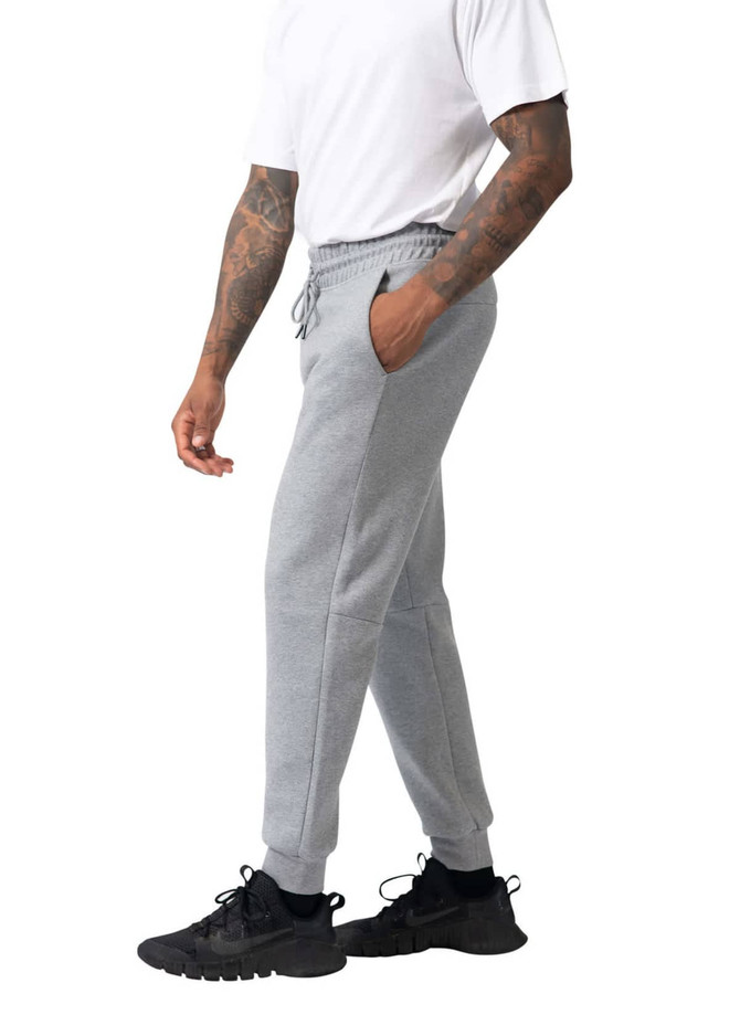 Men's three-layer cotton sandwich pants in grey, featuring a slim-fit design and an elastic waistband.