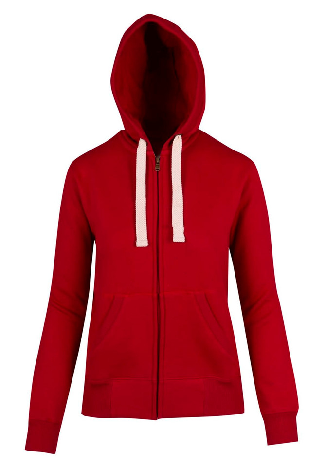 A red women's junior heavy zip fleece hoodie featuring a drawstring hood and ribbed cuffs, with a logo present.
