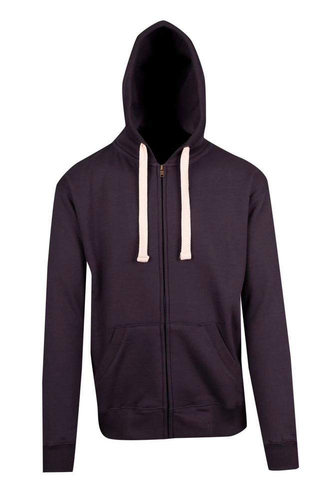 A men's brushed heavy zip fleece hoodie in dark grey with a hood and contrasting drawstrings.