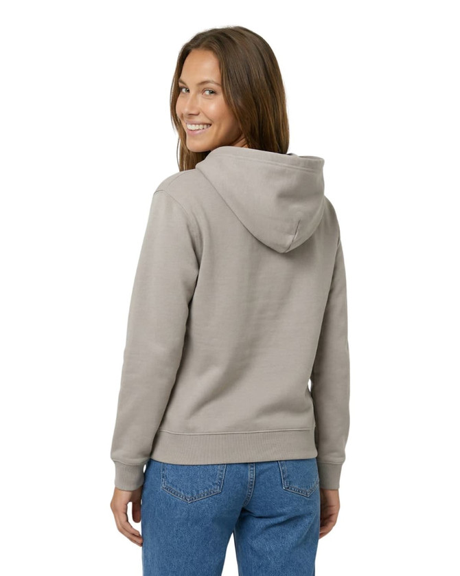 A woman wearing a light grey hoodie with a kangaroo pocket and a hood, facing away from the camera.