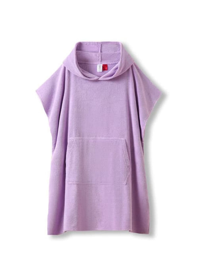 A purple hooded towel featuring a kangaroo pocket, made from 380gsm cotton, with a logo tag.