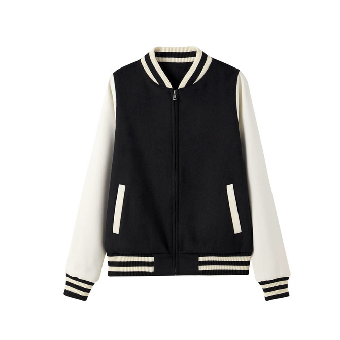 A black and cream wool blend varsity jacket with a zip front, ribbed collar, and striped cuffs. It features side pockets and a logo.