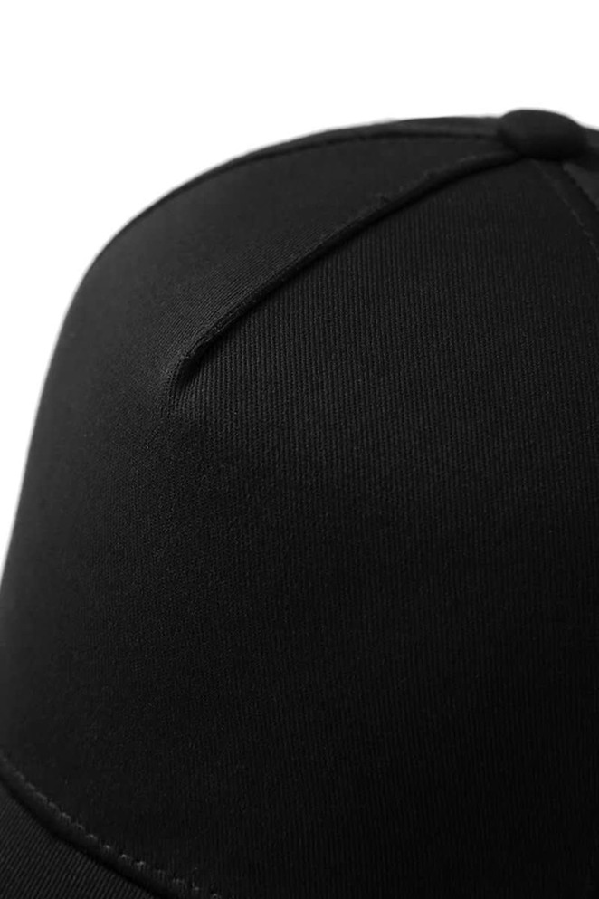 A black 5-panel cap made from 280gsm 100% cotton drill, featuring a logo on the front.