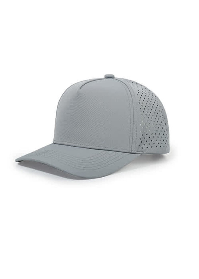 A grey 5 panel sports mesh cap featuring a solid front and perforated back for ventilation. It has a logo on the front.