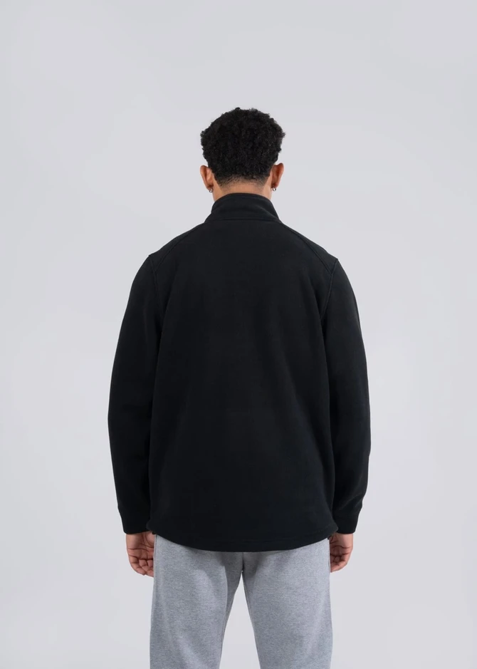 A black men's/unisex polar fleece half zip top displayed from the back, featuring a simple design and a logo.
