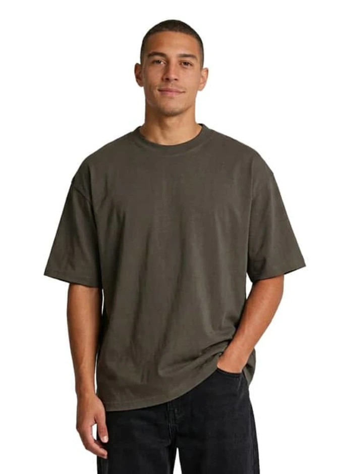 An oversize T-shirt in faded olive green, made from 230gsm 100% organic cotton, featuring a logo.