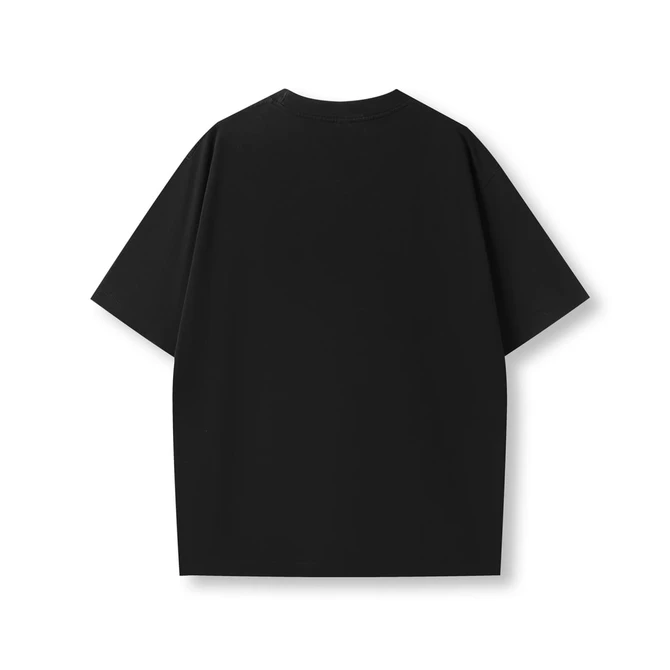A faded black oversize T-shirt made from 230gsm 100% organic cotton, featuring a simple design with a logo.