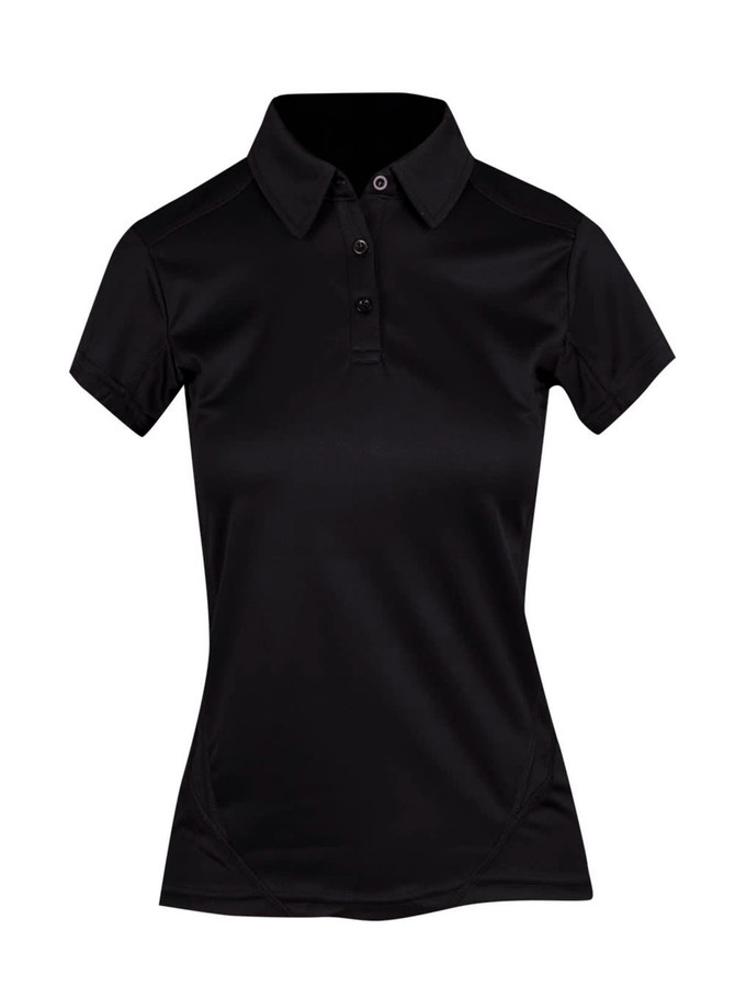 A black women's polyester polo shirt featuring a collar, buttons, and a fitted design. It includes a logo.