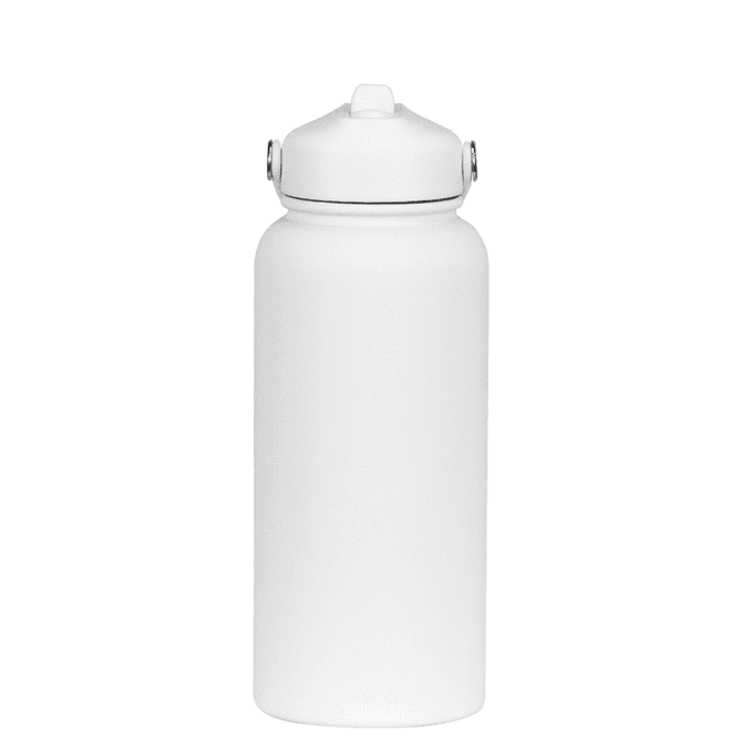 A white drink bottle with a screw-top lid and silver accents. It features a simple design and has a logo.