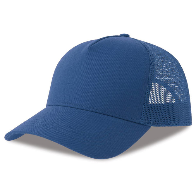A blue trucker cap made from organic and recycled materials, featuring a mesh panel and a branding logo.