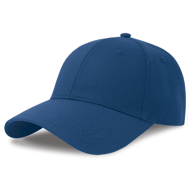 A blue cap made from recycled and organic cotton, featuring a solid design and a logo.