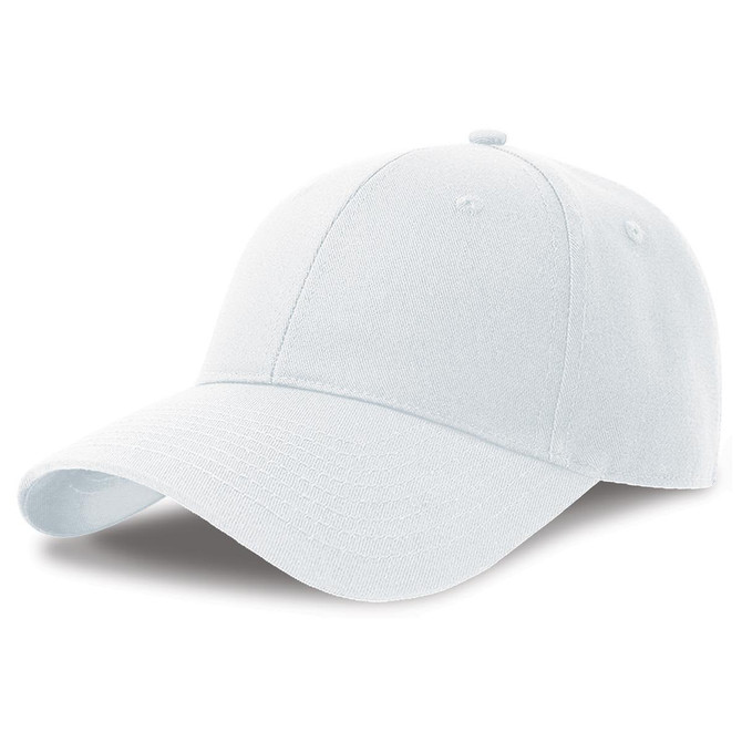 A white cap made from recycled organic cotton, featuring a curved brim and an embroidered logo.