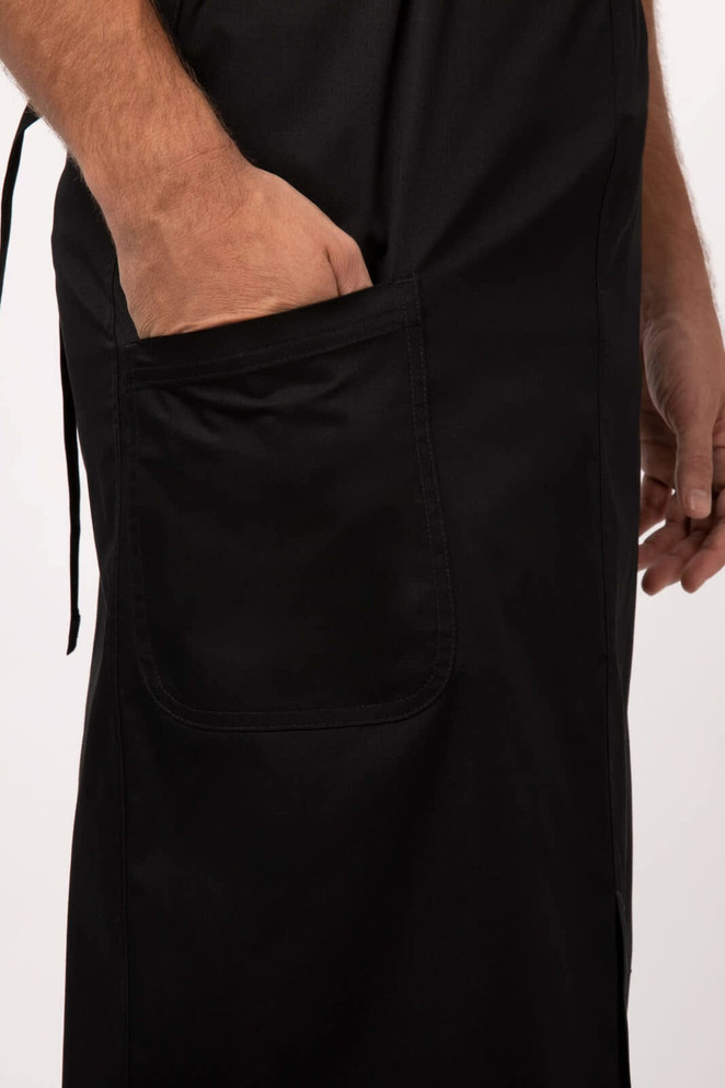 A black bib apron featuring a side pocket and ties, designed for workwear use. It has a simple, functional style.
