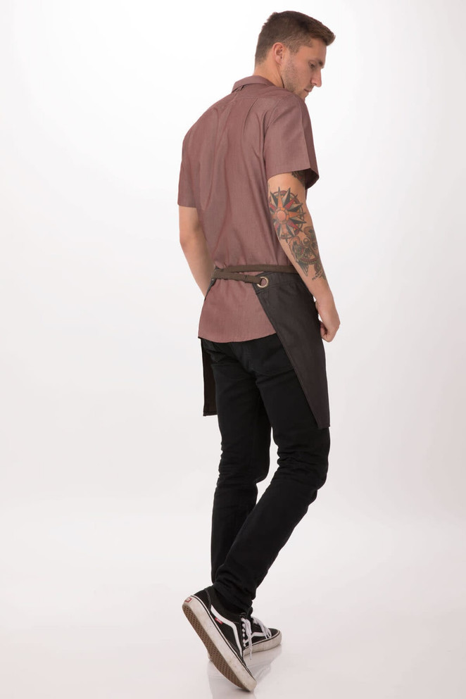 A man wearing a bistro apron features a brown colour with a black waist, showcasing a stylish design and a logo.