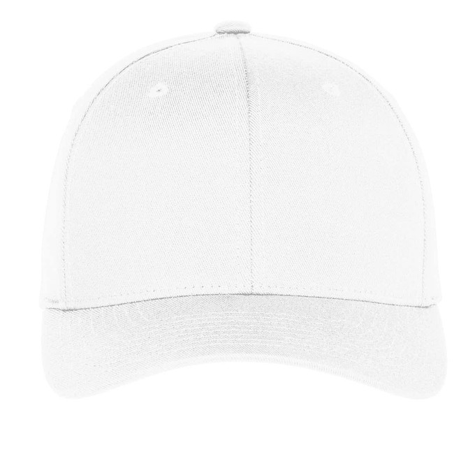 A white Port Authority Flexfit cap with a smooth finish and a curved brim. It features a logo on the side.