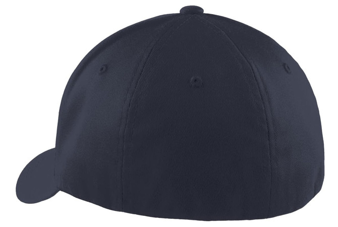 A navy Port Authority Flexfit cap displayed from the back, featuring a logo on the side.