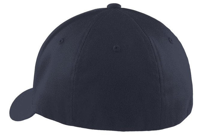 A navy blue Flexfit cap with a curved brim and a solid design, featuring a logo on the front.