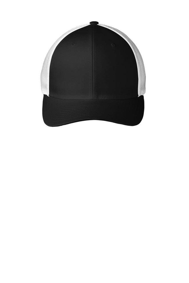 A black cap with a white mesh back and a curved brim, featuring a logo on the front.