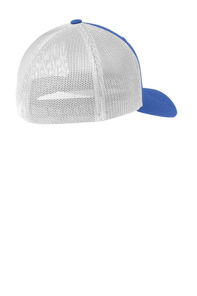 A blue cap with a mesh back, featuring a solid blue front panel and a rounded top. It has a logo on the side.