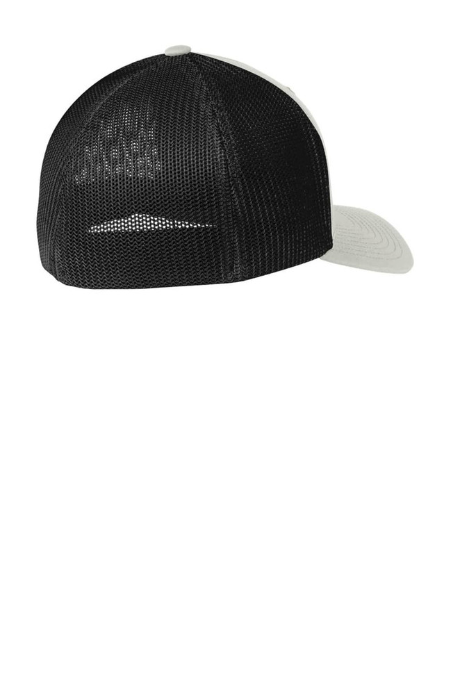 A black mesh back cap with a light grey front, featuring a logo on the front panel.