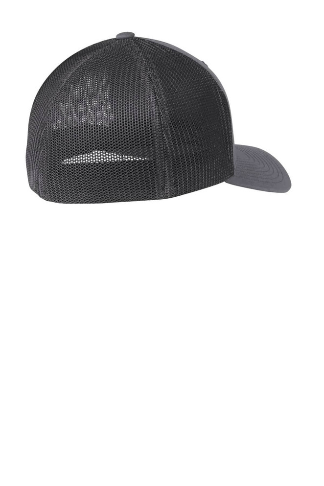 A black mesh-back cap featuring a solid front panel and a curved brim, with a logo on the front.