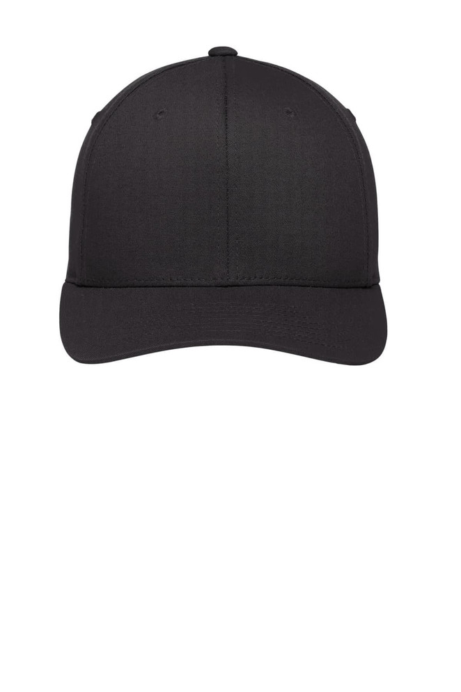 A black Flexfit cotton twill cap with a structured crown and a curved brim, featuring a logo.