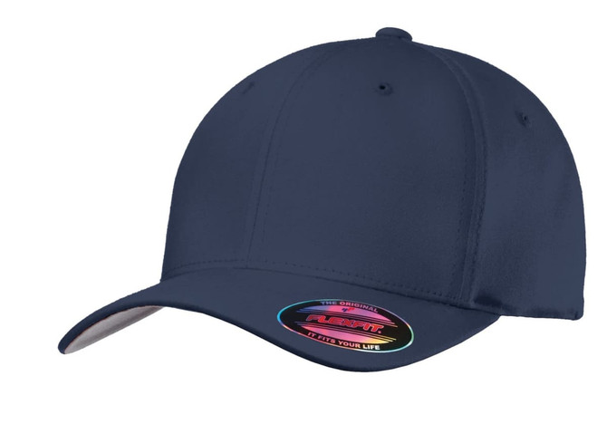 A navy blue Port Authority Flexfit Cotton Twill Cap with a curved brim and an interior logo.
