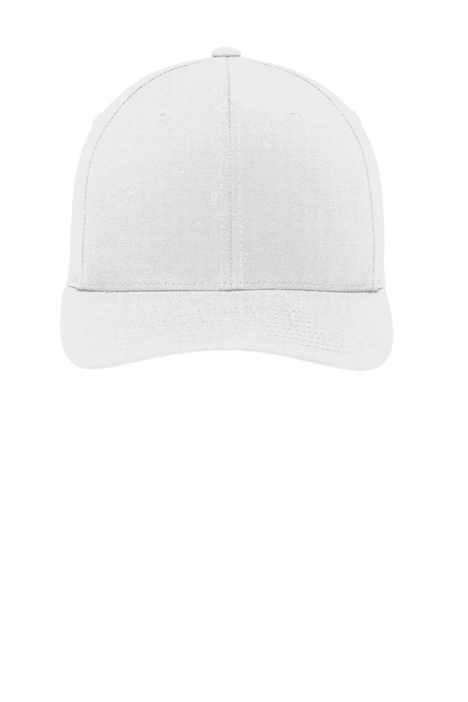 A white cotton twill cap with a structured fit and a curved brim. It features a logo on the front.