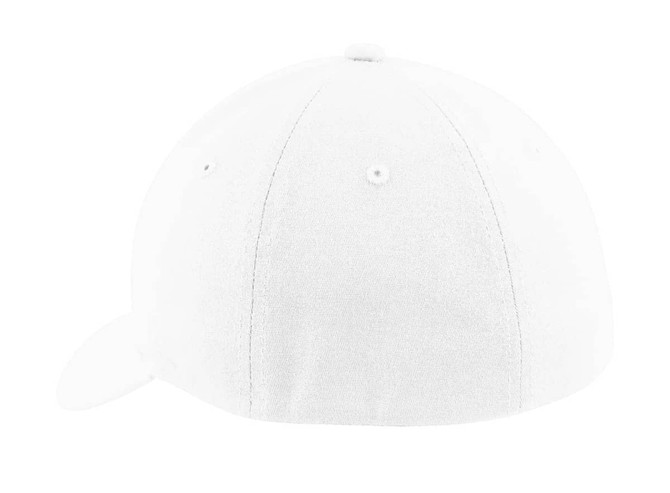 A white cap with a curved brim and a fitted design, featuring stitching details and a branding logo.
