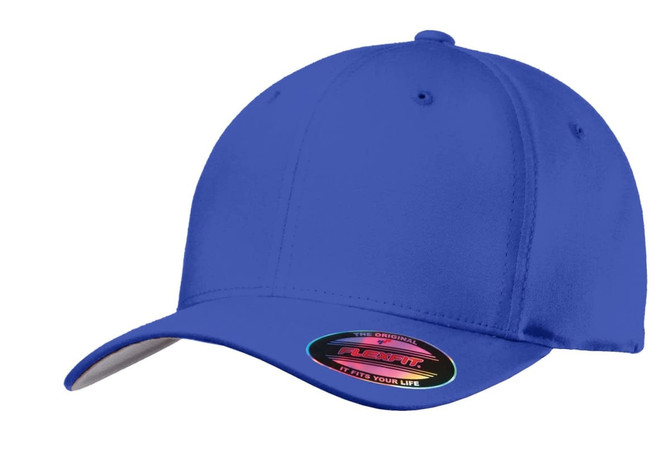A blue Port Authority Flexfit Cotton Twill Cap with a curved brim and a fitted design. It features a logo.