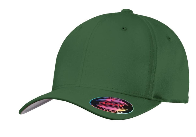A green Flexfit cotton twill cap with a curved brim and a logo on the side.