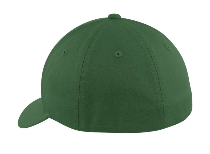 A green Port Authority Flexfit Cotton Twill Cap with a structured design and a logo on the side.