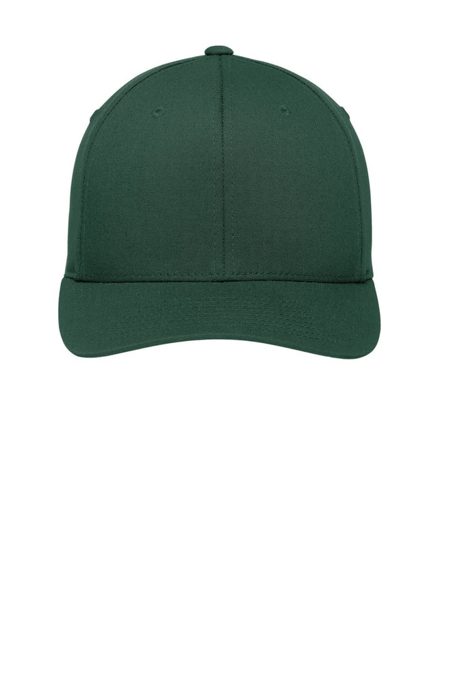 A green Port Authority Flexfit Cotton Twill Cap featuring a solid design and a logo on the front.