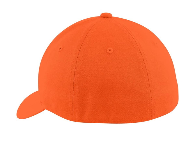 An orange cotton twill cap with a curved peak and a smooth surface, featuring a logo on the side.