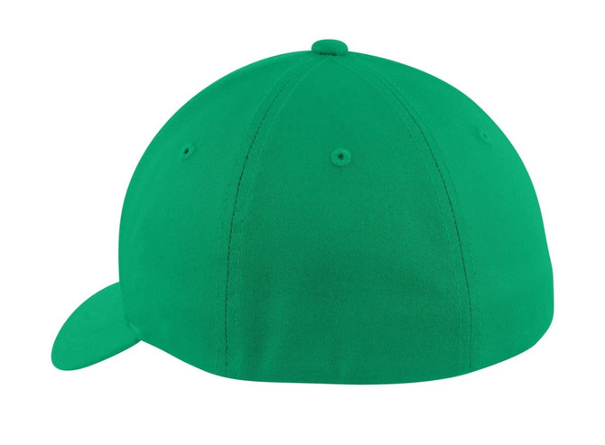 A green Port Authority Flexfit Cotton Twill Cap with a structured design and a small logo on the back.
