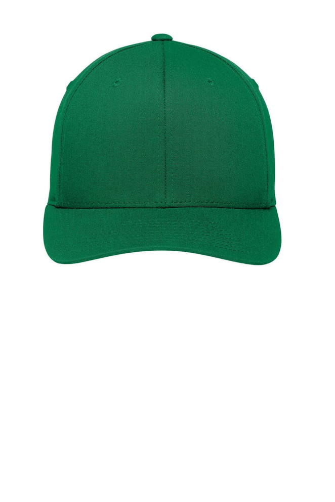 A green Port Authority Flexfit Cotton Twill Cap featuring a blank front and a logo on the side.