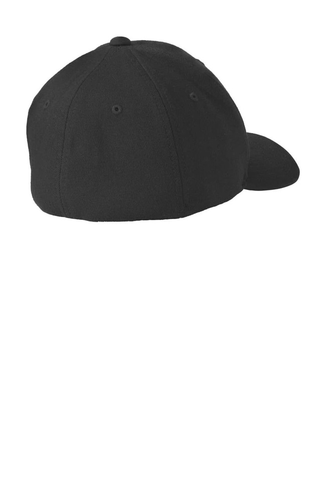 A black cap featuring a structured design with a curved brim and no visible logo or branding on the back.