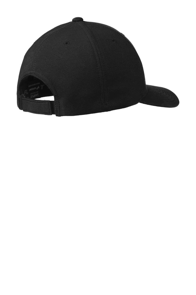 A black cap featuring a curved brim and adjustable strap at the back, with a logo on the side.