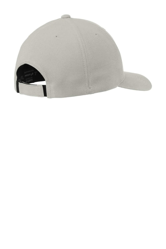 A cap in light grey with a curved brim and an adjustable strap at the back. It features a logo.
