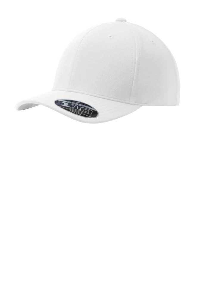 A white cap with a structured design and a branding logo on the front.