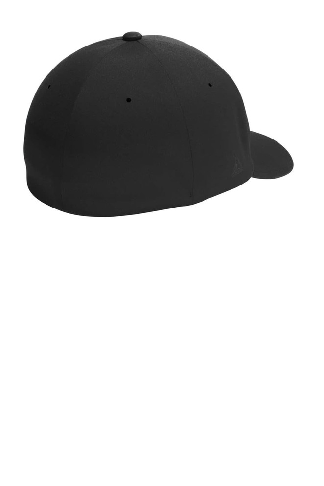 A black Flexfit Delta cap with a smooth, rounded design and a curved brim. It features ventilation holes and a logo.