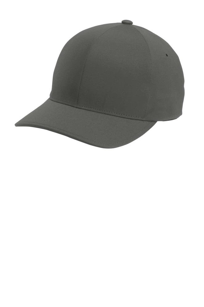 A grey cap with a curved brim and an unadorned design, featuring a logo on the side.