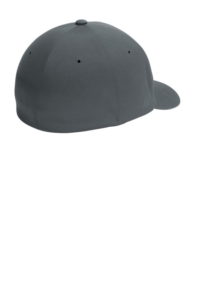 A grey Flexfit Delta cap featuring a rounded back and a flat brim, with ventilation holes and a logo.