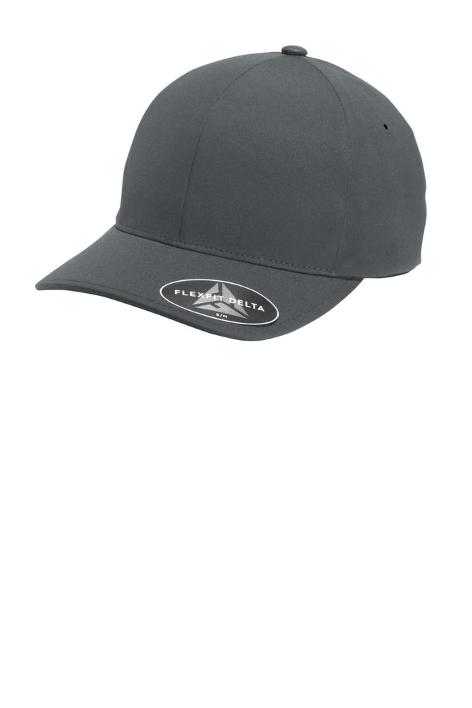 A grey Flexfit Delta cap with a curved brim and a logo on the side. Suitable for casual wear.