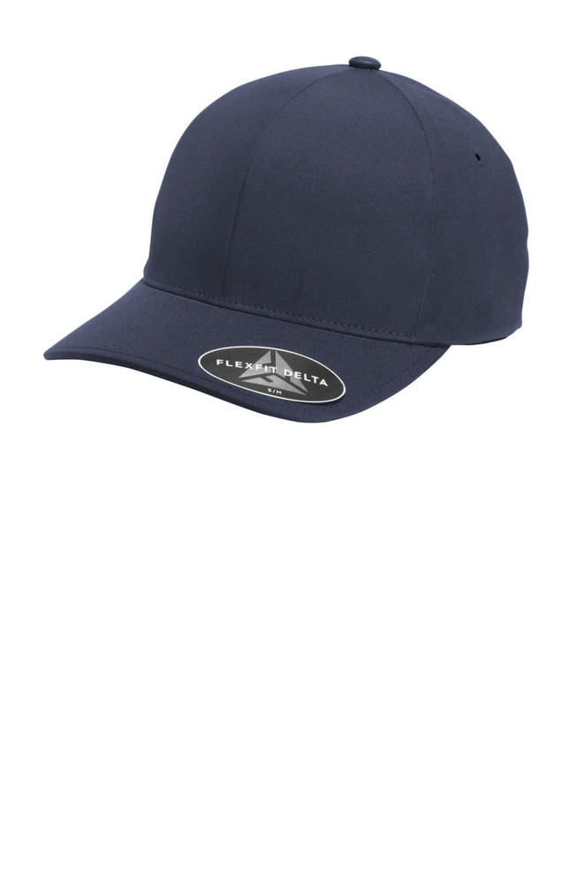 A navy blue Flexfit Delta cap featuring a round crown and a curved brim. Includes a logo on the side.