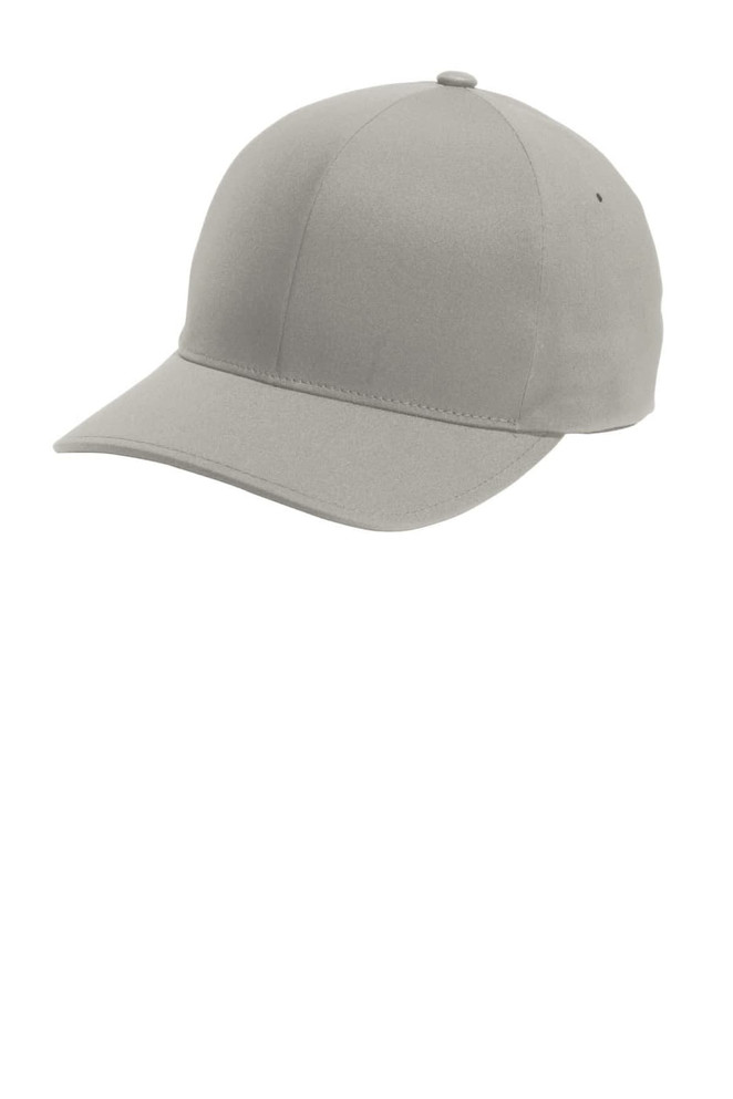 A grey Flexfit Delta cap with a rounded crown and curved brim, featuring a small logo.