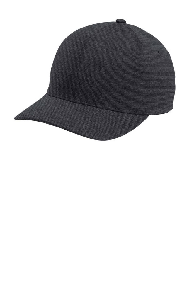A flexible cap in a dark grey hue, featuring a rounded crown and a curved brim, with a branding logo.