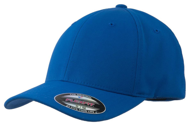 A blue Sport-Tek Flexfit Performance Solid Cap with a branded logo on the front.