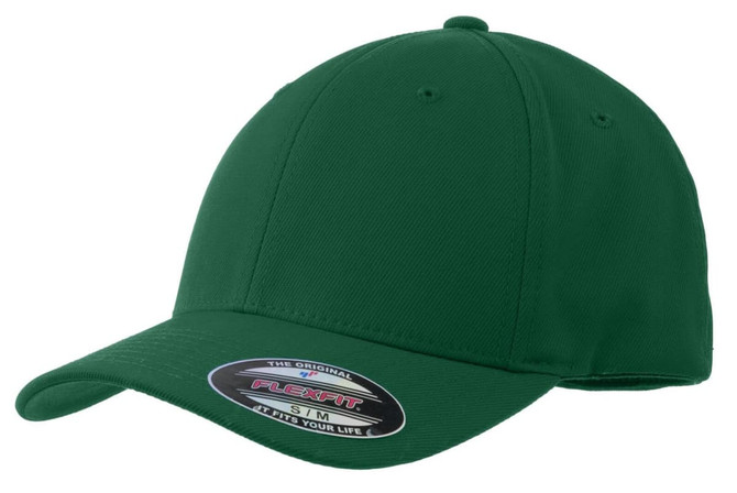 A green Sport-Tek Flexfit Performance Solid Cap, featuring a logo, with a classic curved brim design.